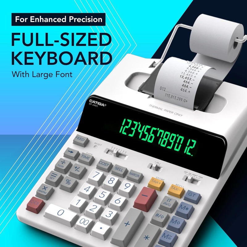 CATIGA 12 Digit Thermal Printing Calculator with Tape Print Out, Ink-Free Adding Machine, 3X Faster Quite at 8.0 LPS, Extra Large Fluorescent Display, Tax Calculation with Clock and Calendar, SP-2401 - Image 4